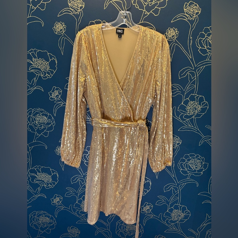 GOLDEN sequin WRAP mini LONG SLEEVE INC party dress LARGE gold SPARKLE